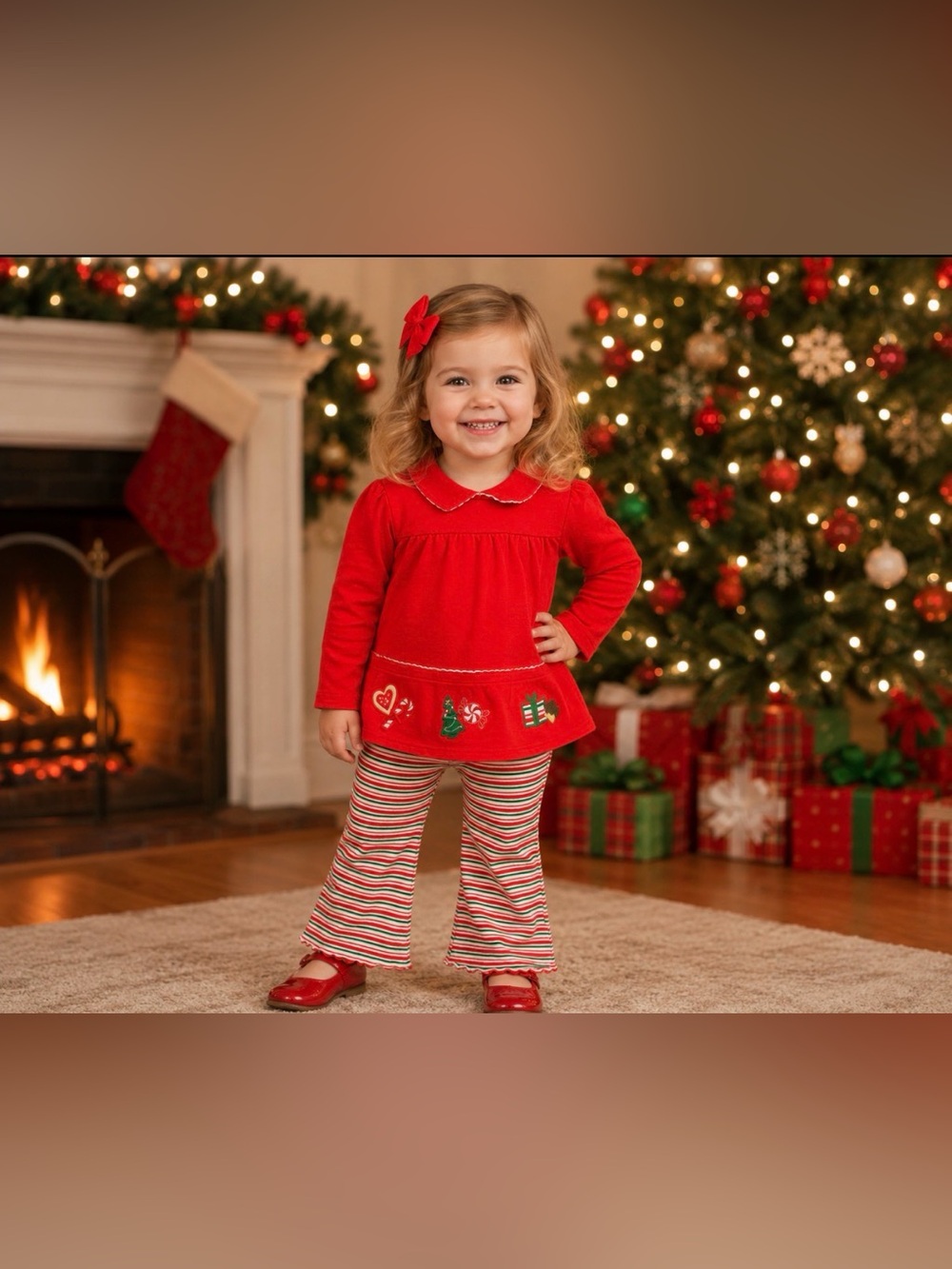 Vintage Le Top Christmas outfit Red Holiday Toddler Tunic & Striped Pants Set